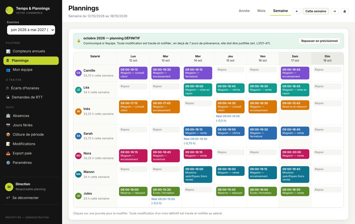 Planning de la semaine dans l'application Temps et Plannings, prénoms fictifs